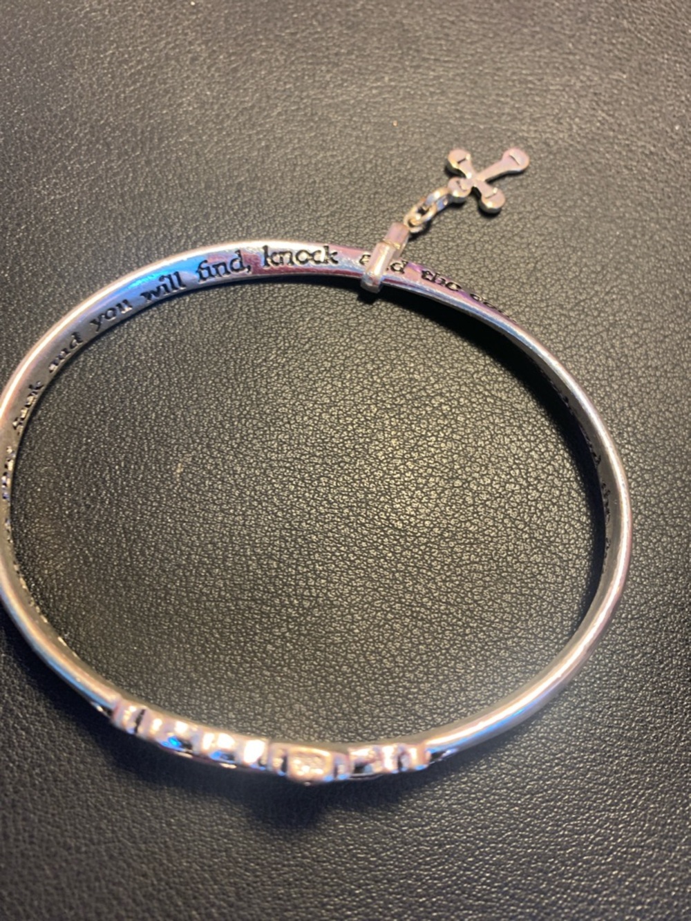 Sterling Silver Cross Charm Bangle Bracelet - Inspirational Matthew 7:7-8